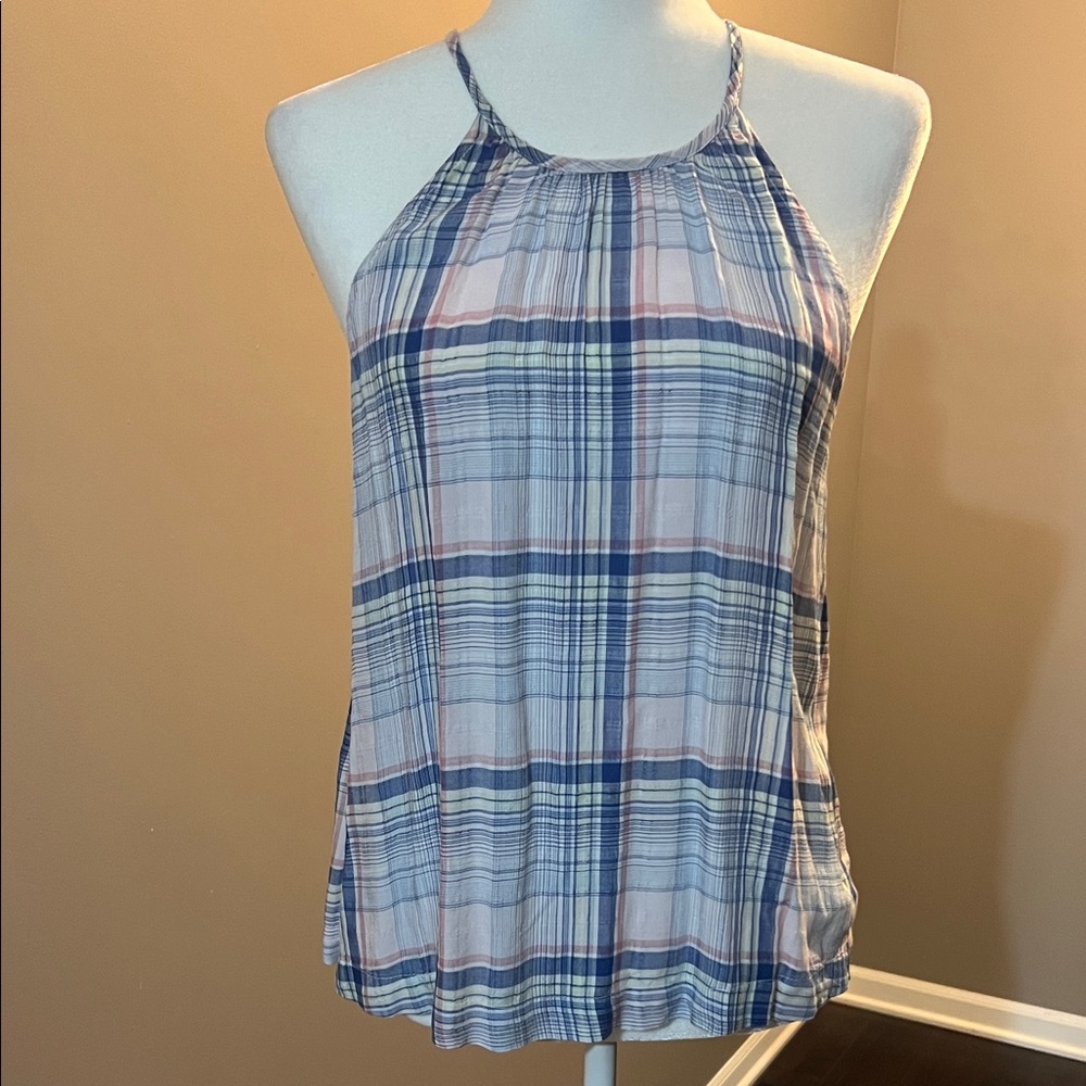 Cloth & Stone Blue and Pink Plaid Tank Top